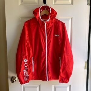 Columbia PFG Tidal Hooded Windbreaker Red Jacket Full Zip Women's Size Large EUC